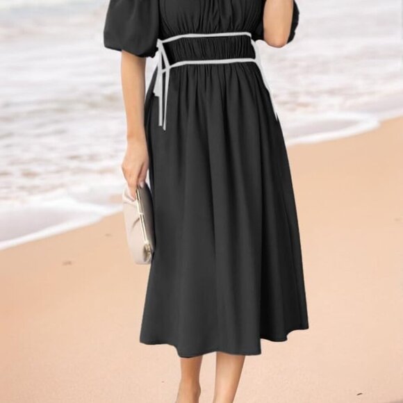 Women's Midi Dress Off Shoulder Puff Sleeve Summer Casual Flowy A Line Beach - Picture 4 of 5